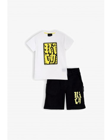 Completo estivo bianco fluo Richmond bambino in cotone con pantaloncino nero