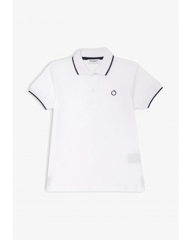 Polo Trussardi bianca bambino in cotone con profili neri e logo ricamato blu