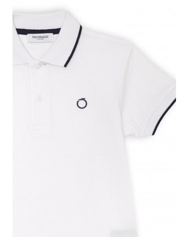 Polo Trussardi bianca bambino in cotone con profili neri e logo ricamato blu