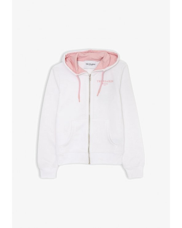 Felpa bianca Trussardi con cappuccio rosa zip frontale bambina baby junior