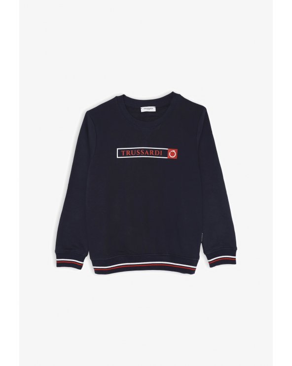 Felpa blu Trussardi bambino con logo frontale e dettagli tricolore