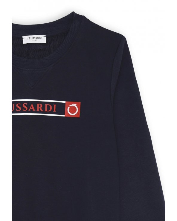 Felpa blu Trussardi bambino con logo frontale e dettagli tricolore