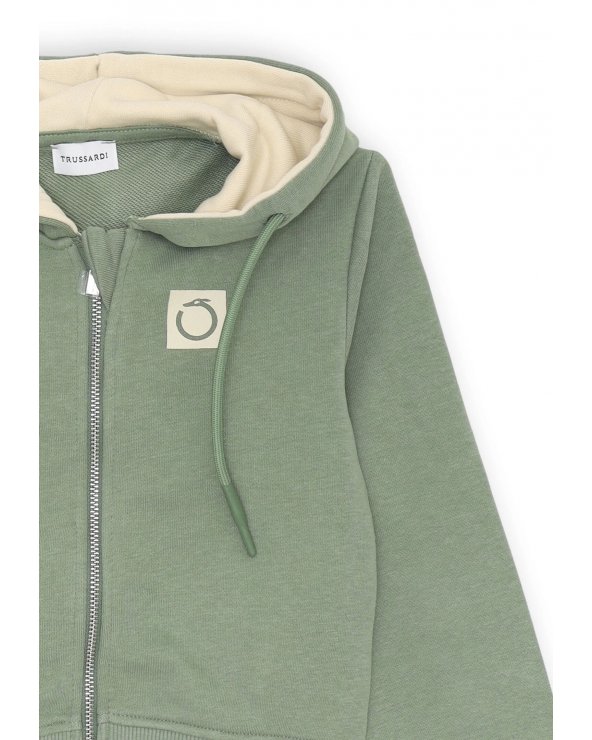 Felpa verde con zip Trussardi bambino cappuccio interno panna SS25