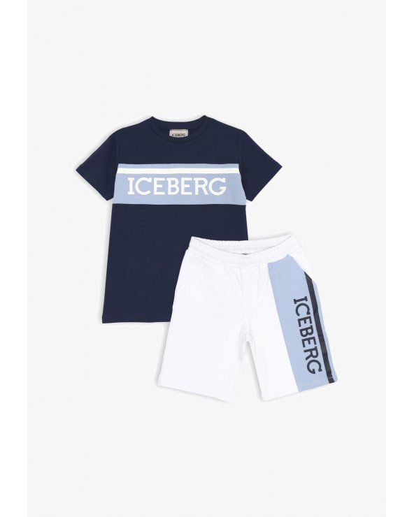 Completo Iceberg blu e bianco bambino estate 2025 con stampa logo a contrasto