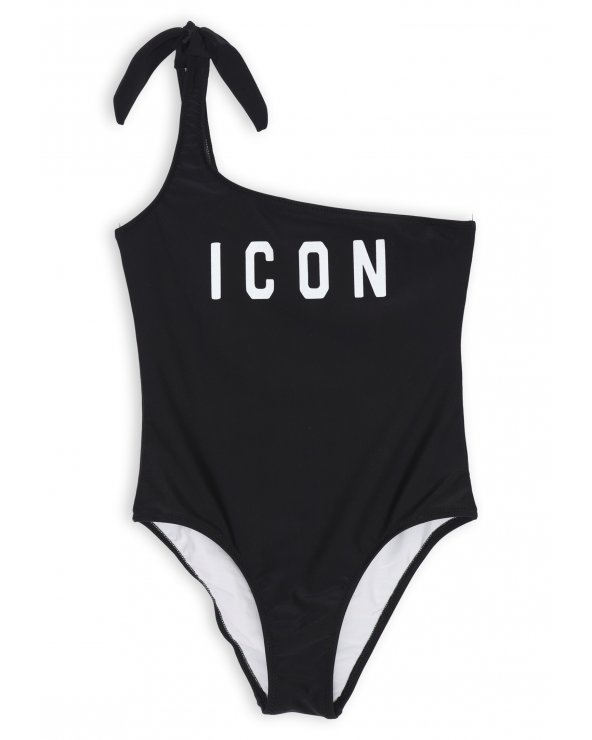 Costume intero nero ragazza ICON monospalla con nodo laterale in nylon estate 25