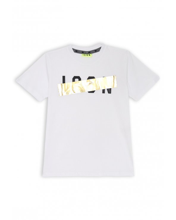 T-shirt bianca ragazzo ICON stampa nera con fascia dorata diagonale