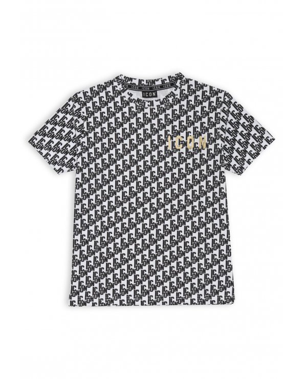 T-shirt bianca ragazzo ICON all-over con logo oro e stampa grafica