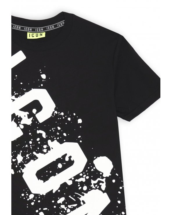 T-shirt nera ICON con stampa bianca effetto splash per ragazzo estate 2025