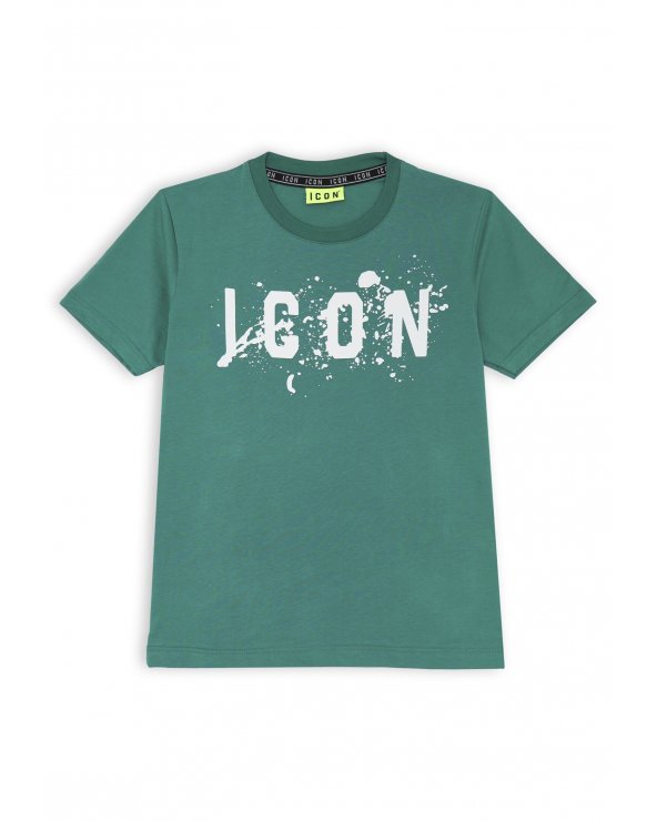 T-shirt verde ragazzo ICON stampa bianca effetto vernice in cotone