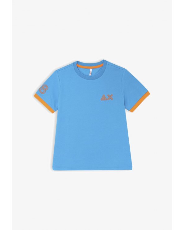 T-shirt azzurra Sun68 bambino in cotone con dettagli arancioni e logo ricamato