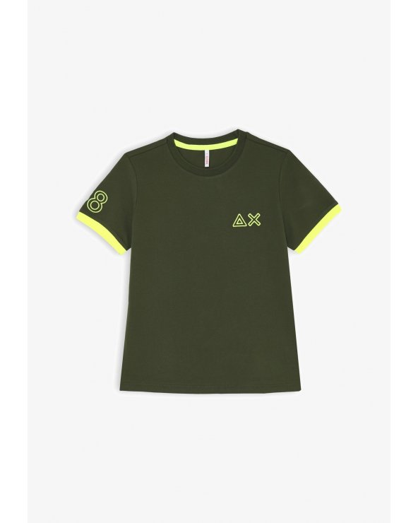 T-shirt verde Sun68 bambino in cotone con dettagli fluo e logo ricamato