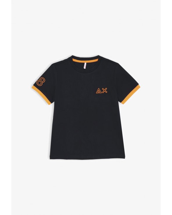 T-shirt blu Sun68 bambino in cotone con ricami arancioni e maniche corte