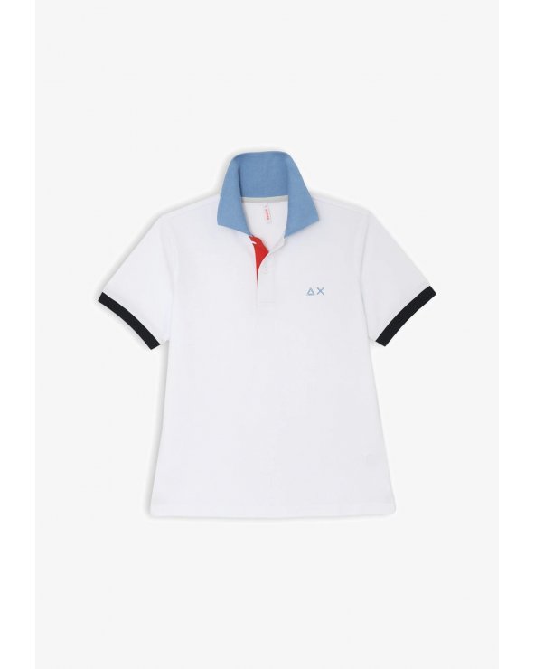 Polo bianca Sun68 bambino in cotone con collo azzurro e maniche corte