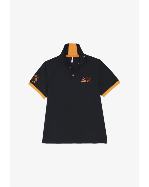 Polo blu Sun68 bambino in cotone con ricami arancioni e maniche corte