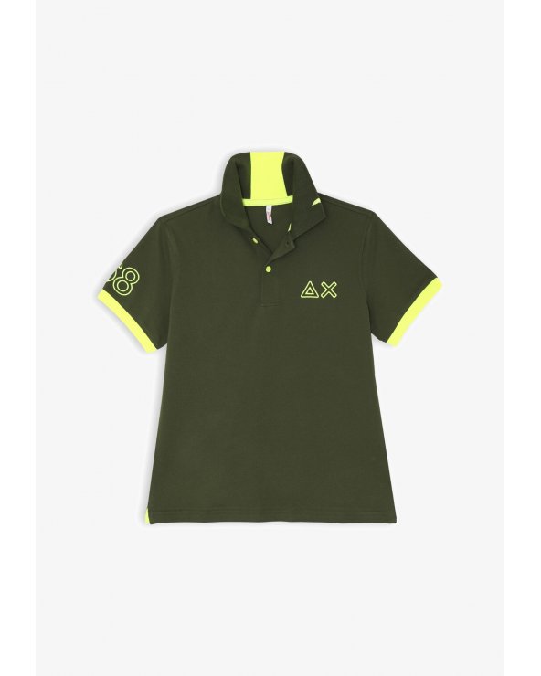 Polo verde Sun68 bambino in cotone con dettagli giallo fluo e ricami logo