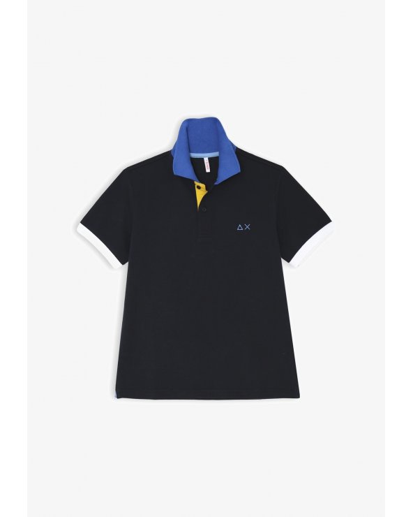 Polo nera Sun68 bambino in cotone con collo blu e interno giallo vivace