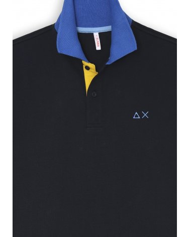 Polo nera Sun68 bambino in cotone con collo blu e interno giallo vivace