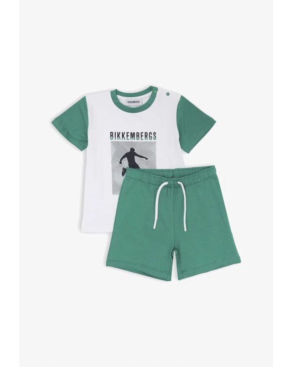 Bikkembergs set bambino t-shirt bianca stampa e shorts verdi cotone jersey