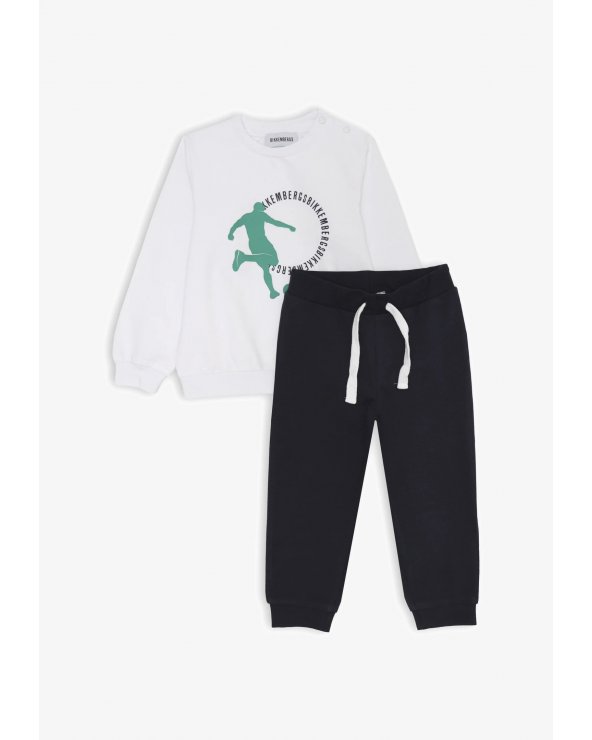 Bikkembergs tuta bambino felpa off white e pantaloni blu cotone stampa sportiva