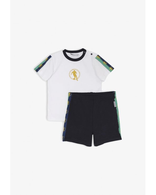 Bikkembergs set bambino t-shirt off white con bande e shorts blu fantasia