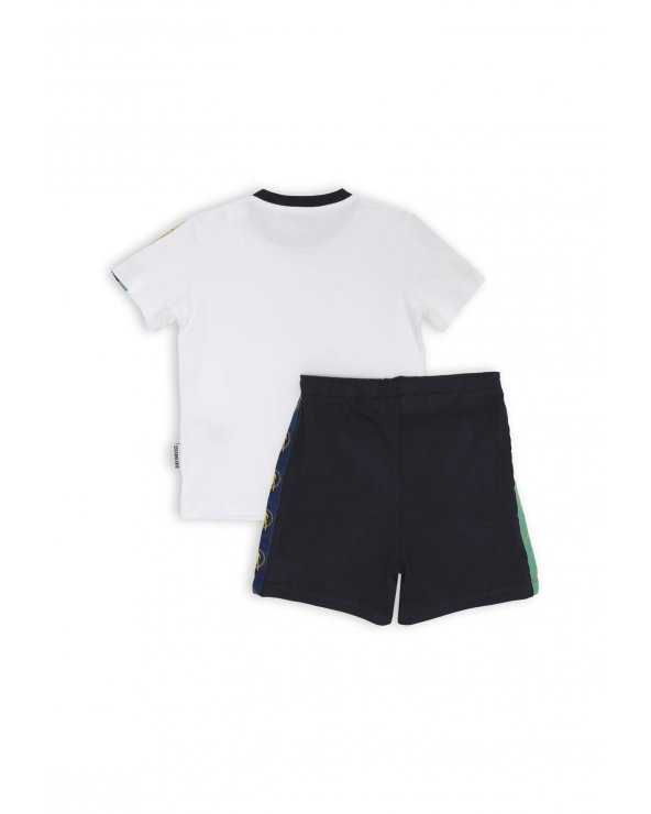 Bikkembergs set bambino t-shirt off white con bande e shorts blu fantasia