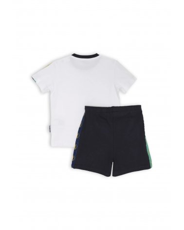 Bikkembergs set bambino t-shirt off white con bande e shorts blu fantasia