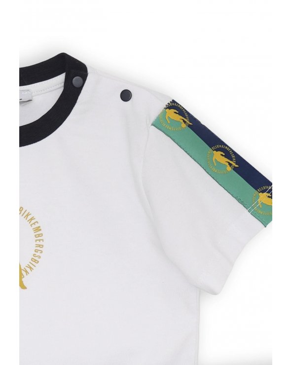 Bikkembergs set bambino t-shirt off white con bande e shorts blu fantasia