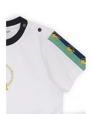 Bikkembergs set bambino t-shirt off white con bande e shorts blu fantasia