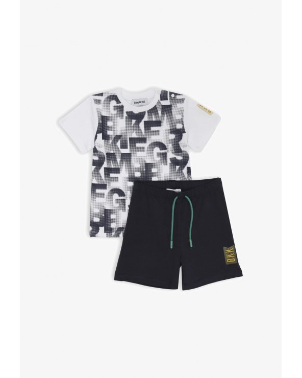 Bikkembergs set bambino t-shirt off white stampa allover e shorts blu estivi