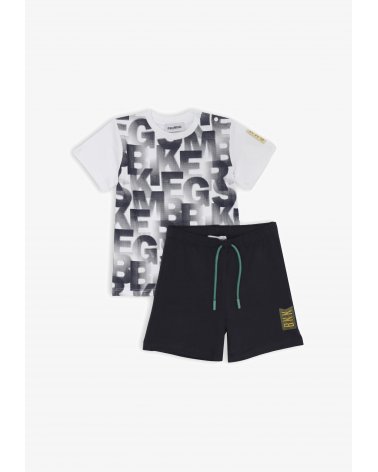 Bikkembergs set bambino t-shirt off white stampa allover e shorts blu estivi