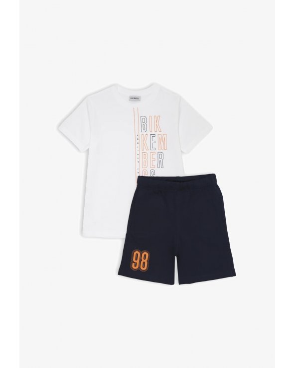 Bikkembergs set bambino t-shirt off white e shorts blu con stampa 98