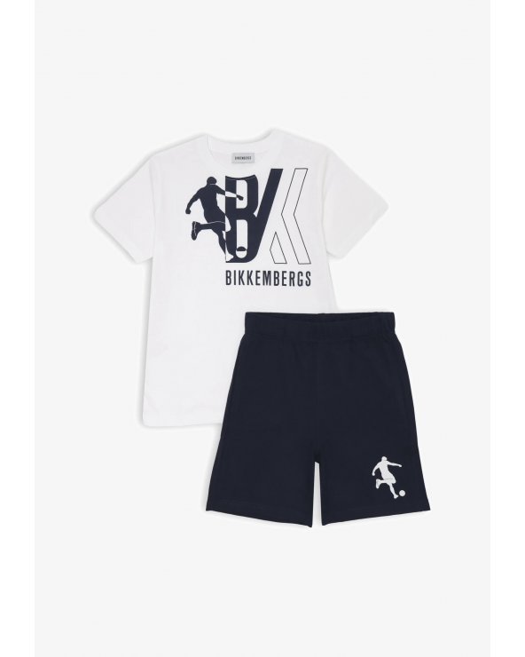 Bikkembergs set bambino t-shirt bianca stampa BK e shorts blu sportivi estate