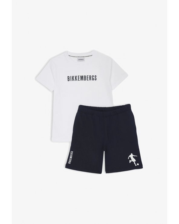 Bikkembergs set bambino t-shirt off white logo e shorts blu stampa laterale