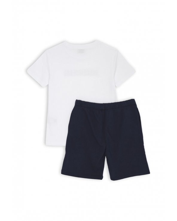 Bikkembergs set bambino t-shirt off white logo e shorts blu stampa laterale