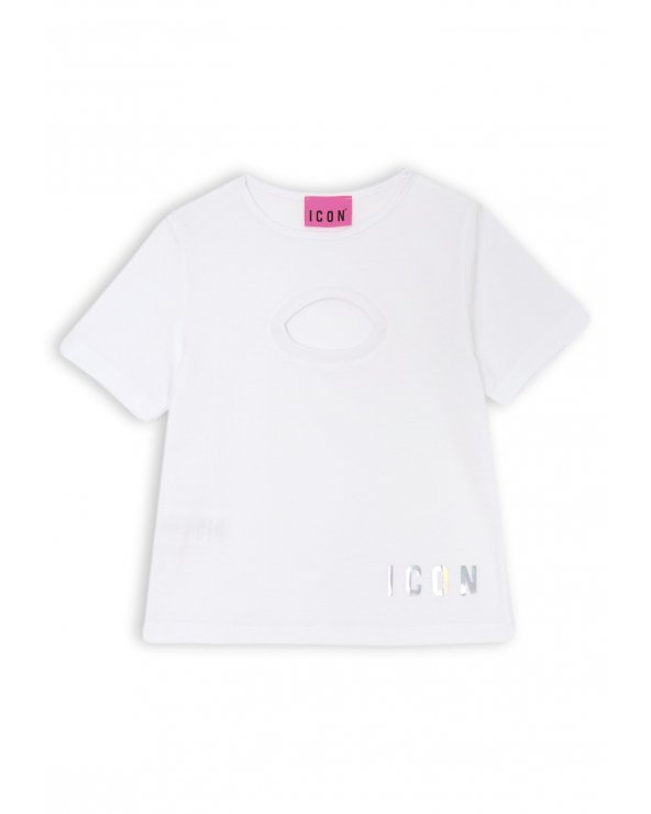T-shirt bianca ICON ragazza con apertura frontale e logo iridescente