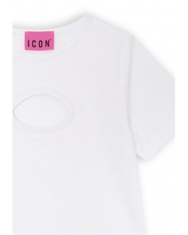T-shirt bianca ICON ragazza con apertura frontale e logo iridescente