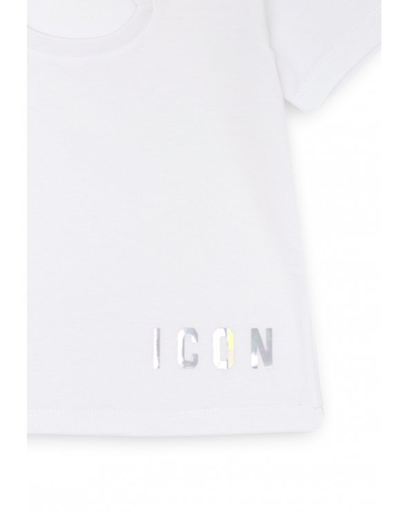T-shirt bianca ICON ragazza con apertura frontale e logo iridescente