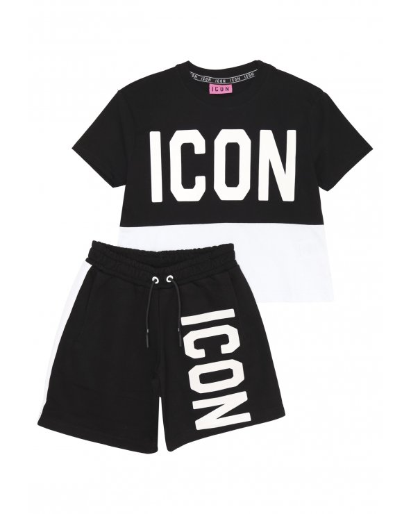 ICON completo bambina nero bianco 8 16 anni maxi logo cotone estivo