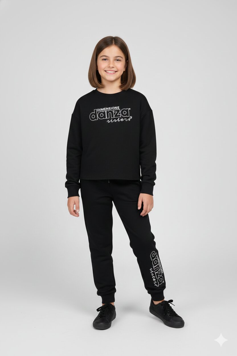 Dimensione Danza Tuta Nera Bambina Felpa Corta In Cotone Girocollo Scuola AI25