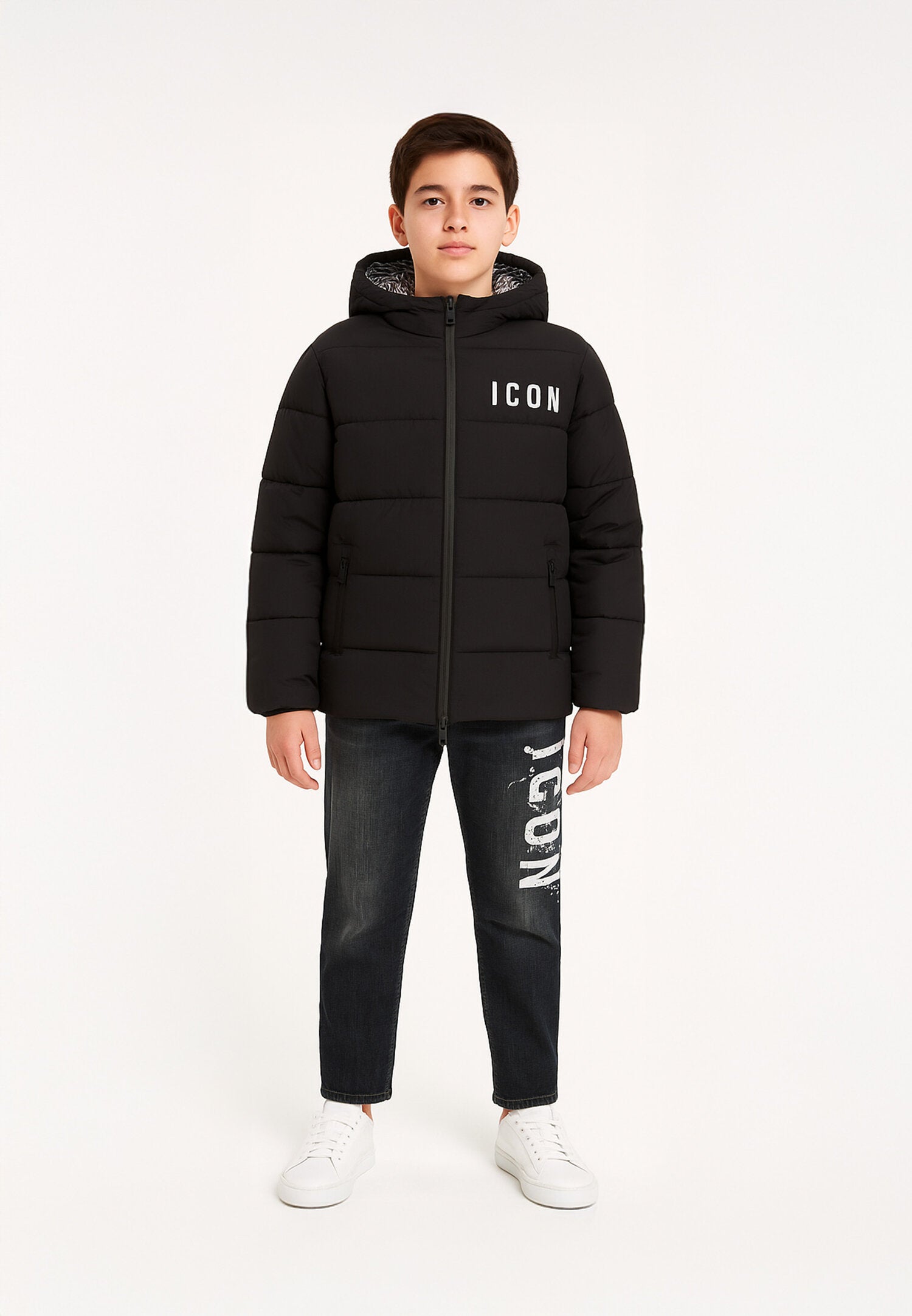 Icon Giubotto Nero Bambino In Nylon Con Cappuccio Invernale AI25