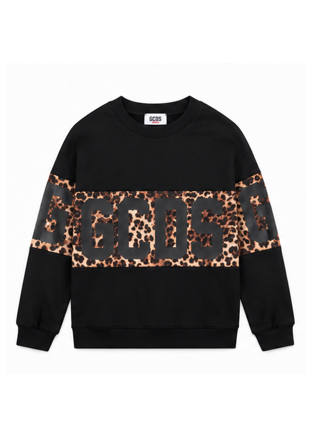 GCDS Felpa Nera Animalier Bambina in Cotone Maxi Logo AI26Z0GJQE584F005