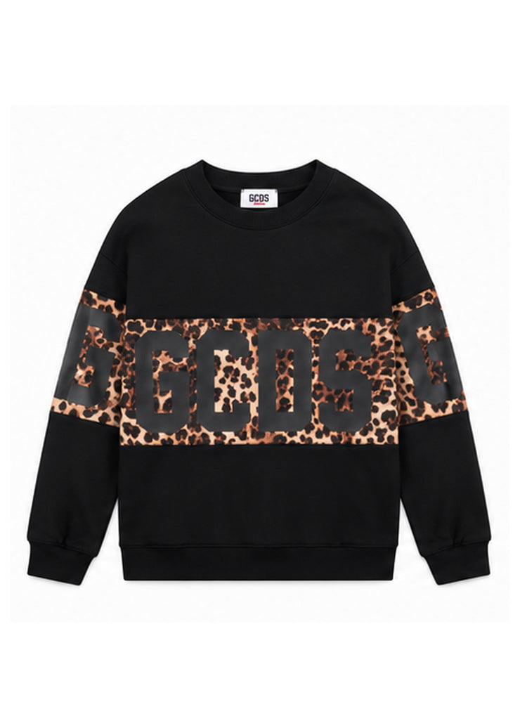 GCDS Felpa Nera Animalier Bambina in Cotone Maxi Logo AI26Z0GJQE584F005