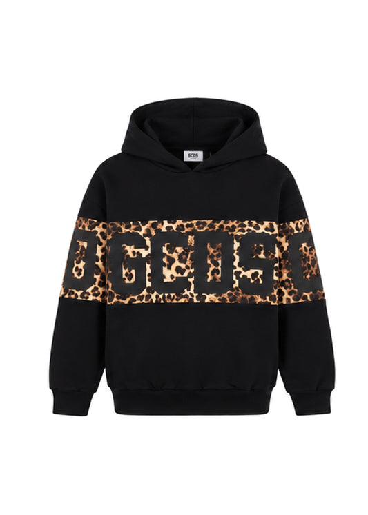 GCDS Felpa Nera Animalier Bambina in Cotone Maxi Logo AI26Z0GJQE583F005