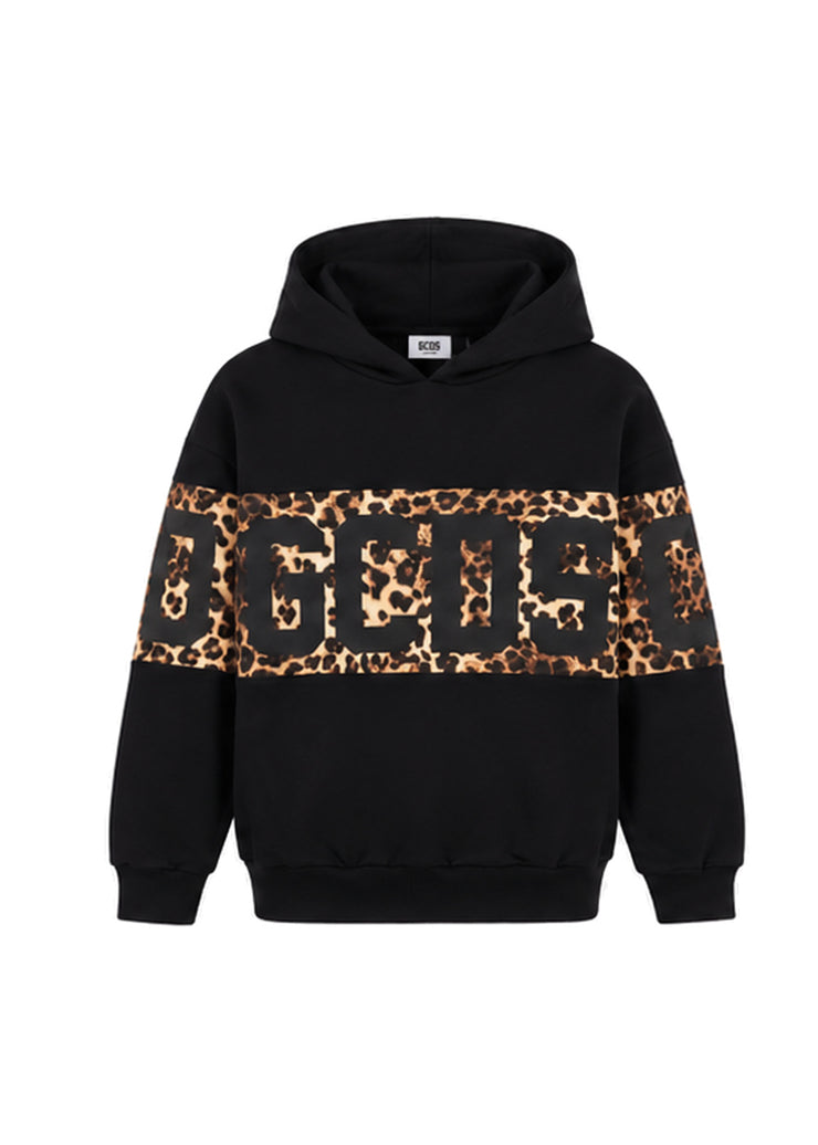 GCDS Felpa Nera Animalier Bambina in Cotone Maxi Logo AI26Z0GJQE583F005