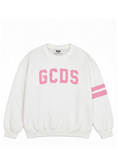 GCDS Felpa Bianca e Rosa Bambina in Cotone Maxi Logo AI26Z0GJQE591F004