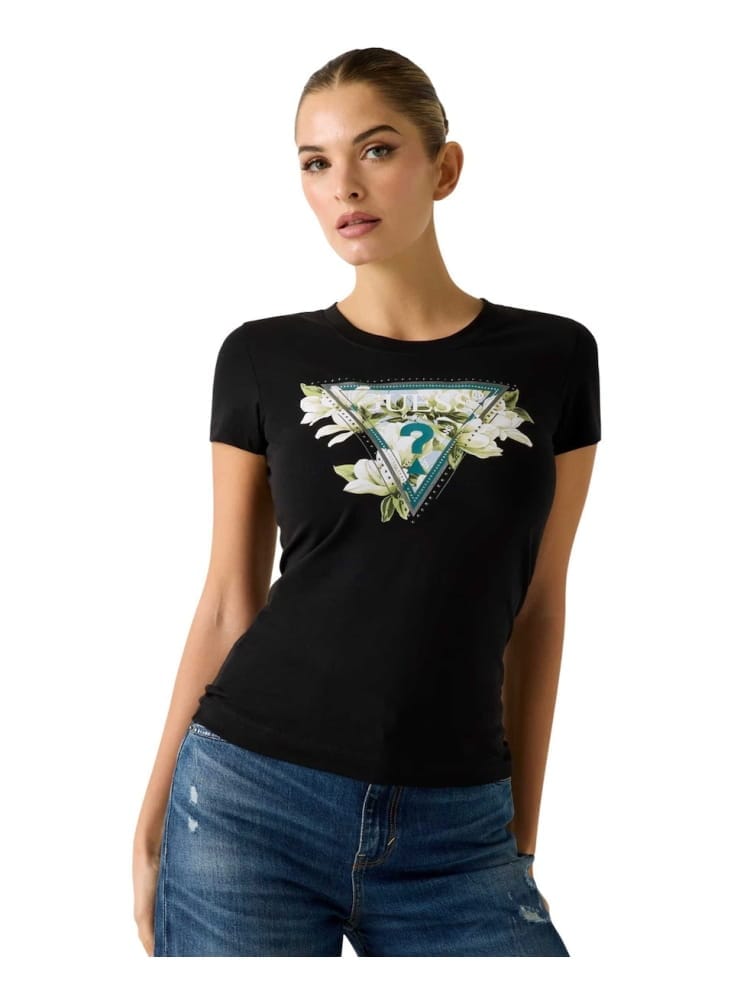 Guess tshirt nera donna motivo floreale