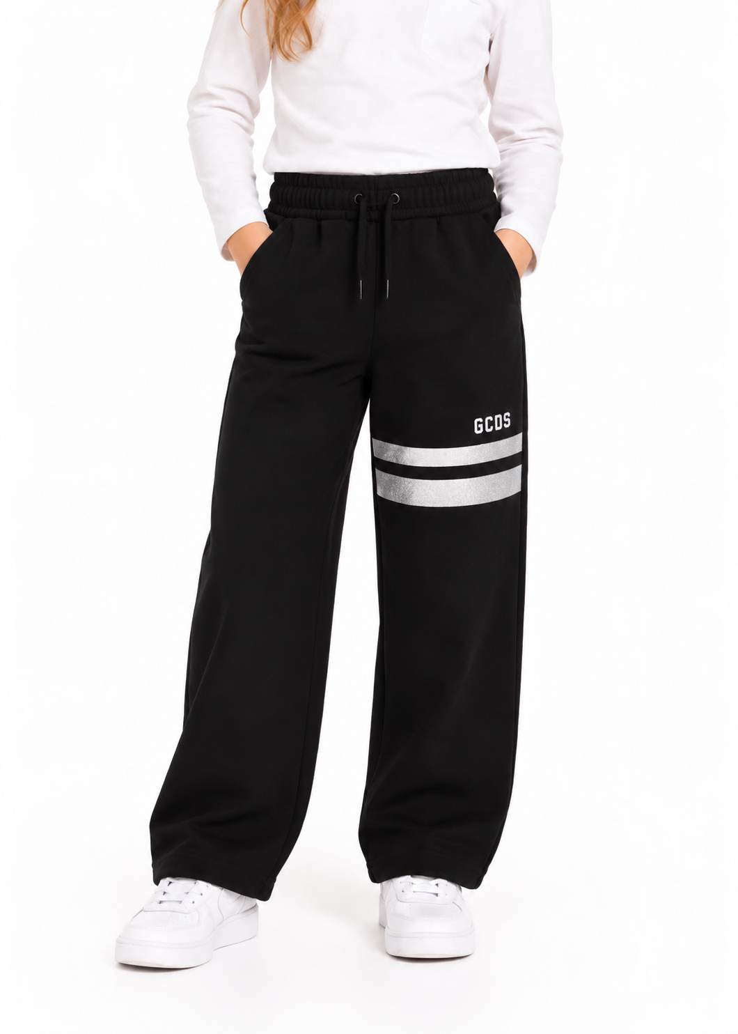 GCDS Pantaloni Neri Bambina in Cotone con Logo Glitter AI26Z0GJQI620F004