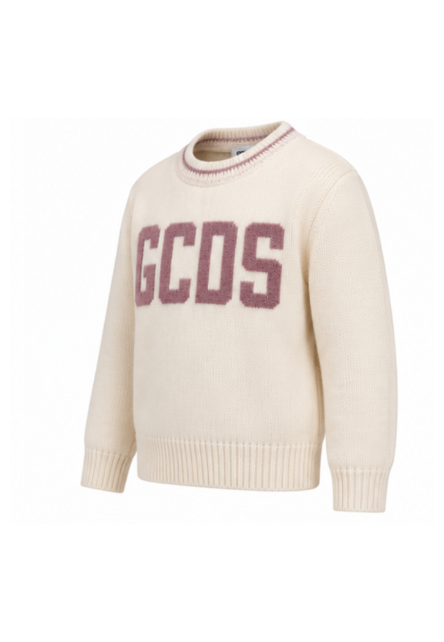 GCDS Maglia Bianca in Lana Bambina con Maxi Logo Rosa AI26C2GJQF586K347