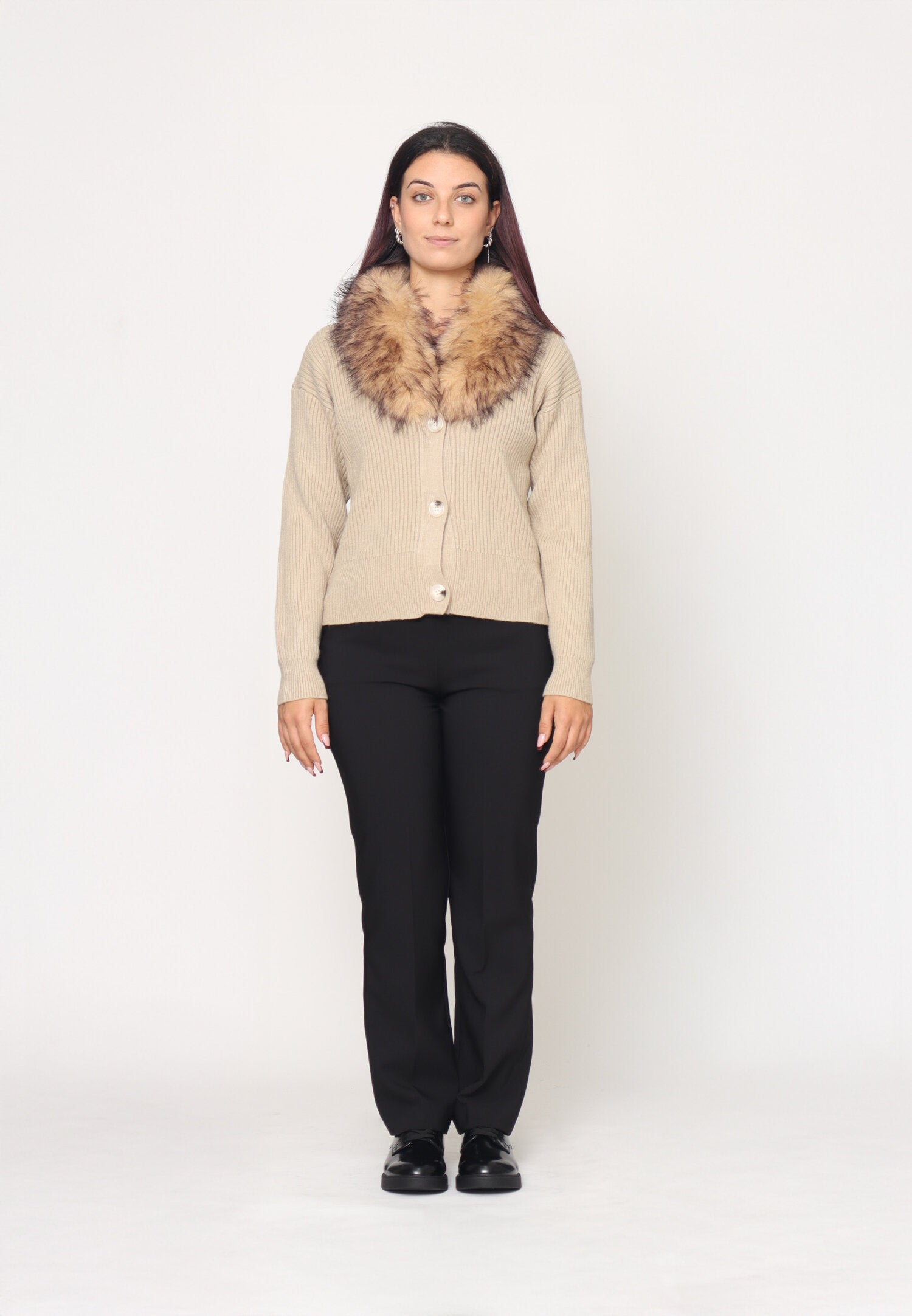 Monte Cervino Cardigan Sabbbia Donna Con Pelliccia Elegante AI25