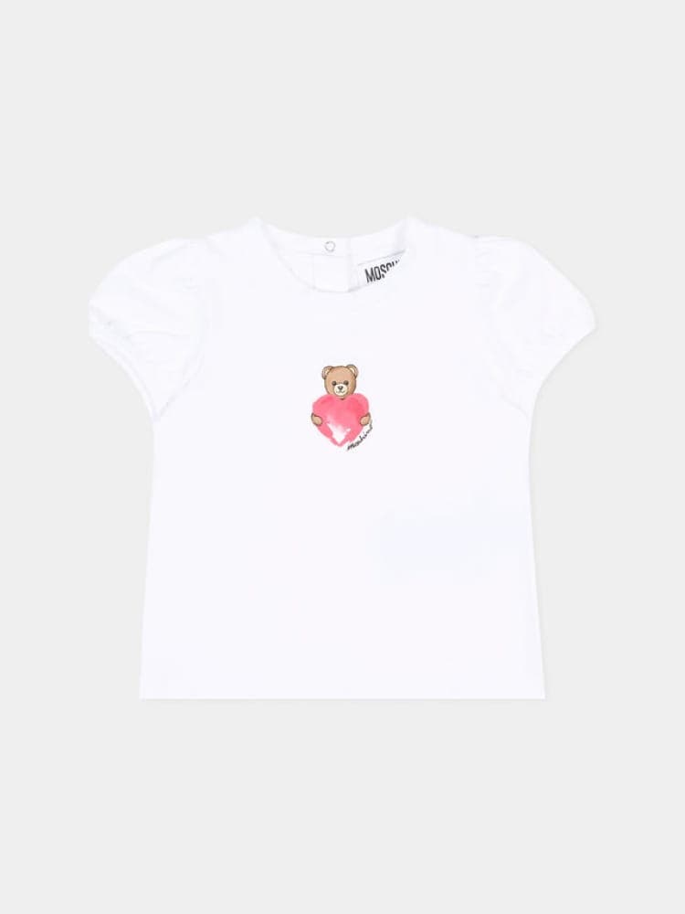 Moschino t-shirt infant in cotone bianco con logo cuore teddy Bambina